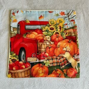 Akasia Design Fall Square Throw Pillow Cover “Red Truck w/ apples and Pumpkins”